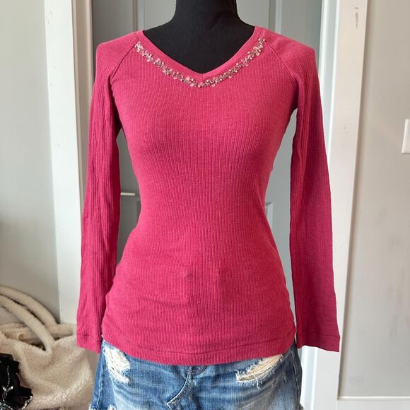 Vintage Self Esteem V-Neck Top | Y2K Pink Elena Gilbert Long-Sleeve Tee | Sz MD - Picture 1 of 6